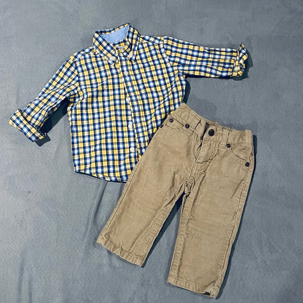 Janie and Jack Plaid Button Down Dress Shirt and Tan Corduroy Pants Size 6-12M